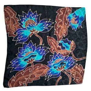 Vintage Black Blue Brown Silk Floral Print Square Neck Scarf